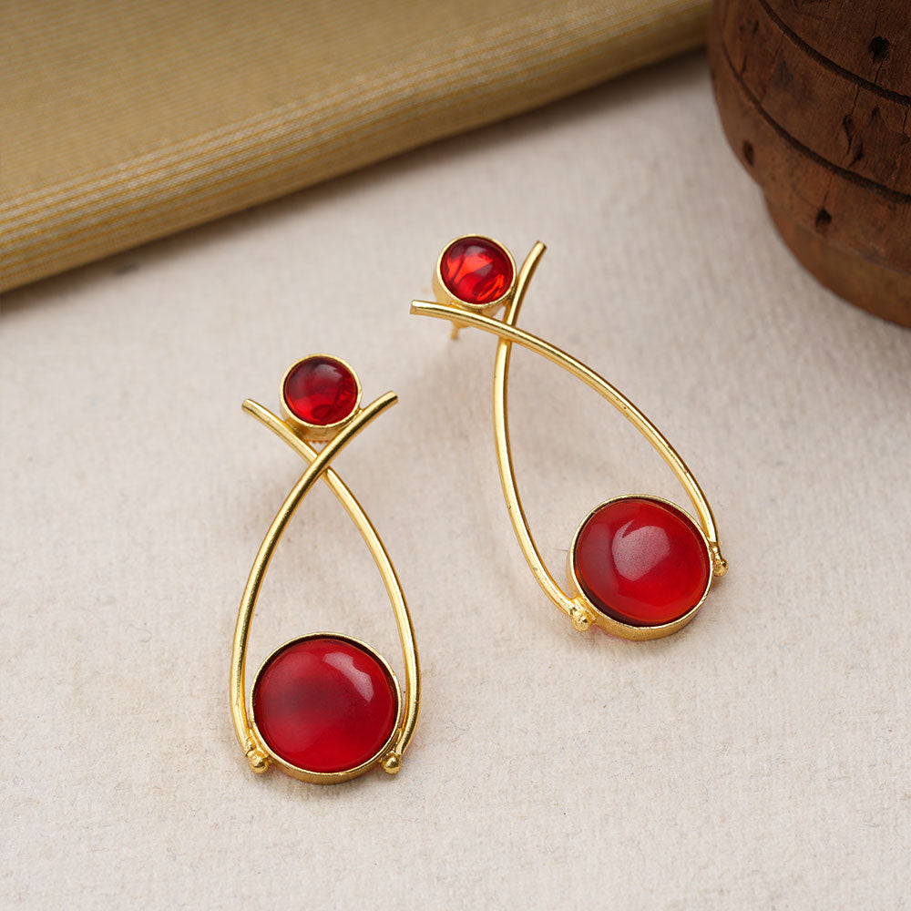 Anika- Stone Studded Golden Frames Earrings (Red)
