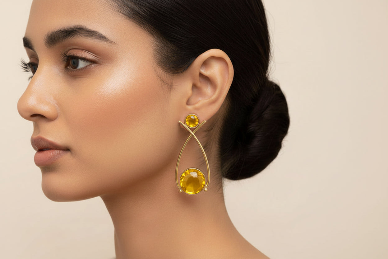 Anika- Stone Studded Golden Frames Earrings (Gray)