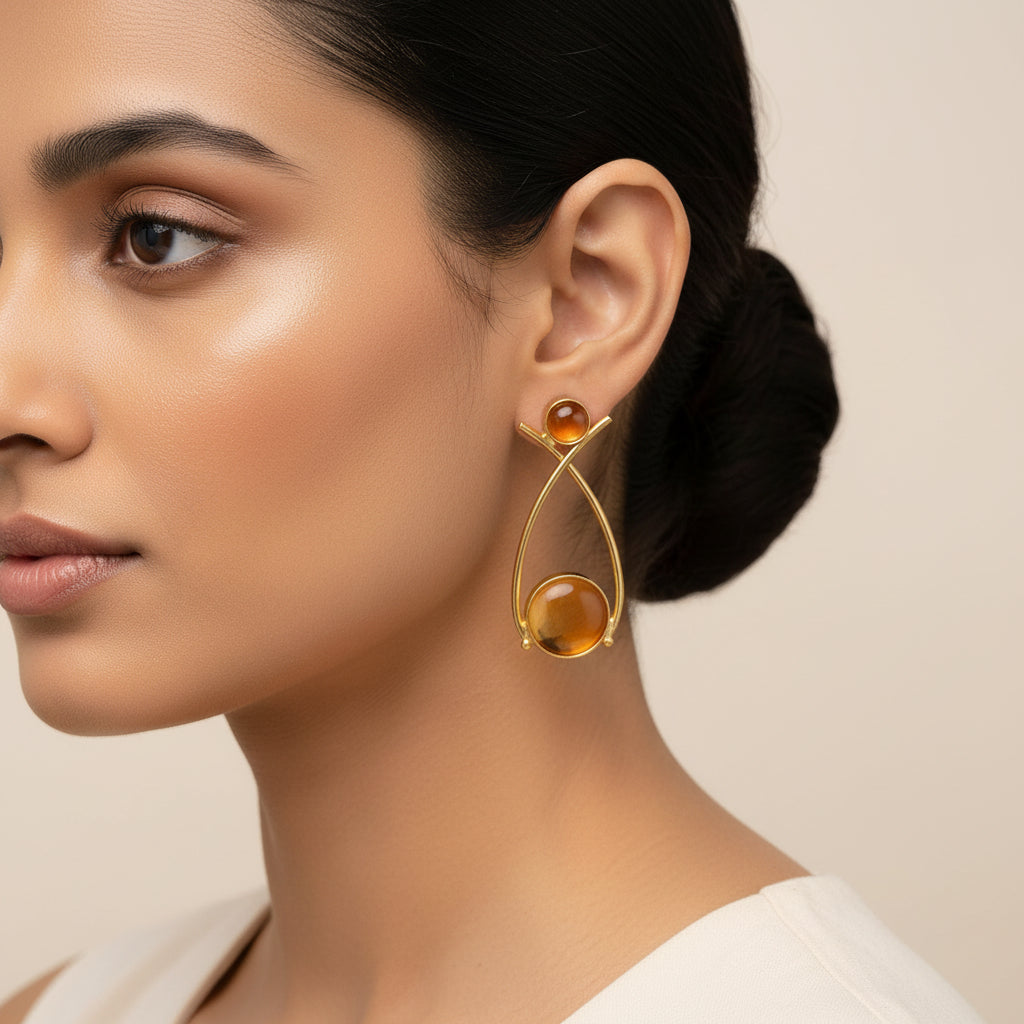 Anika- Stone Studded Golden Frames Stud Earrings(Yellow)