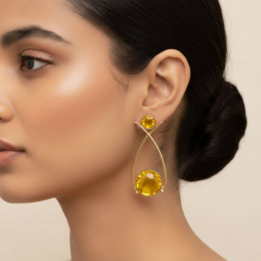 Anika- Stone Studded Golden Frames Earrings (Red)