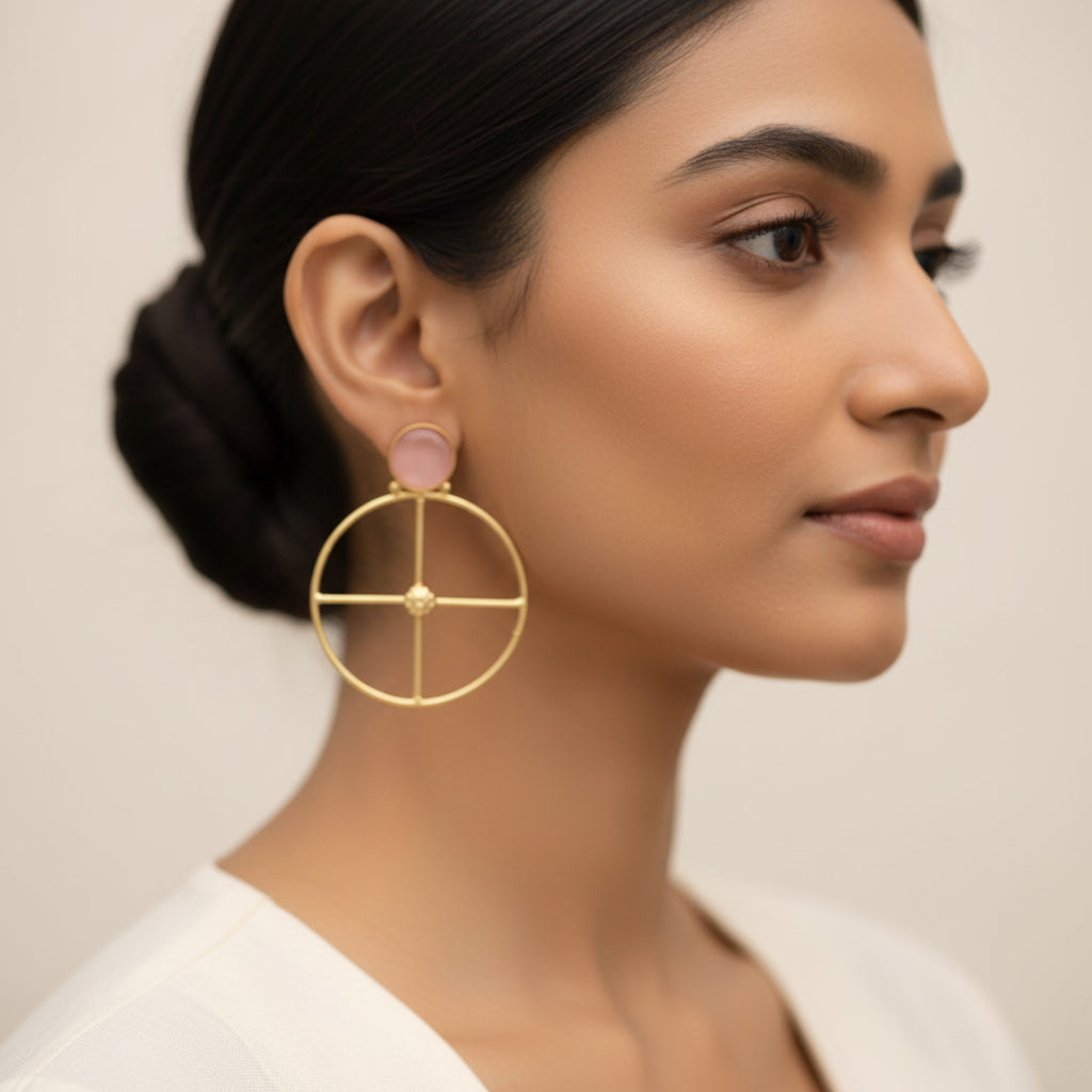 Vanita- Stone Studded Golden Framed Earrings(Baby Pink)