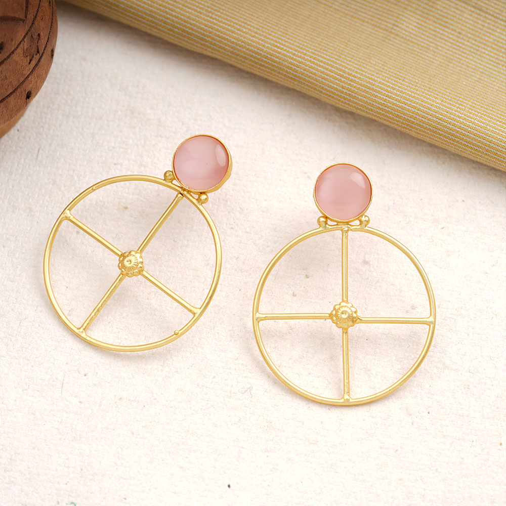 Vanita- Stone Studded Golden Framed Earrings(Baby Pink)