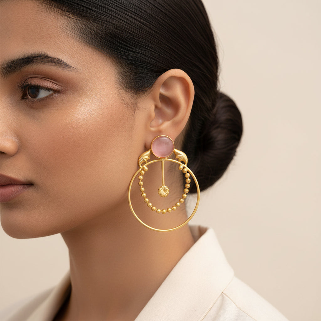 Darshini- Stone Studded Golden Framed Earrings(Baby Pink)