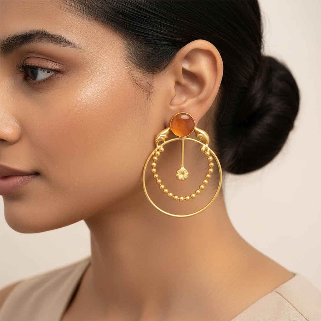Darshini- Stone Studded Golden Framed Earrings(Yellow)