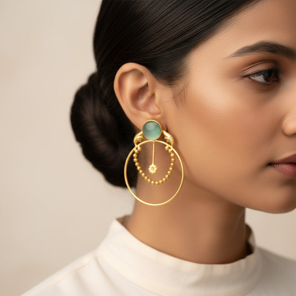 Darshini- Stone Studded Golden Framed Earrings(Mint)