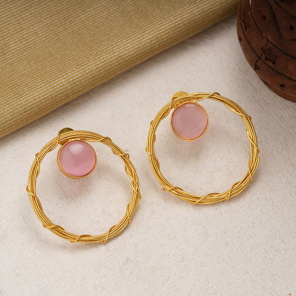 Deeptika- Stone Studded Golden Framed Earrings(Baby Pink)