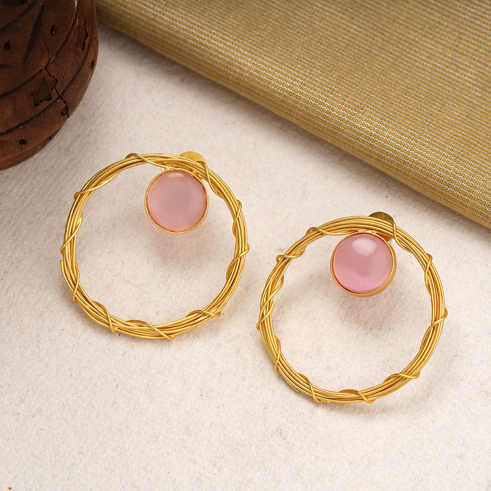 Deeptika- Stone Studded Golden Framed Earrings(Baby Pink)