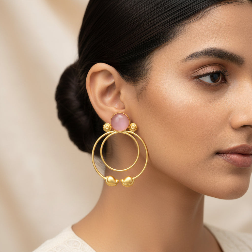 Devika- Stone Studded Golden Framed Earrings(Pink)