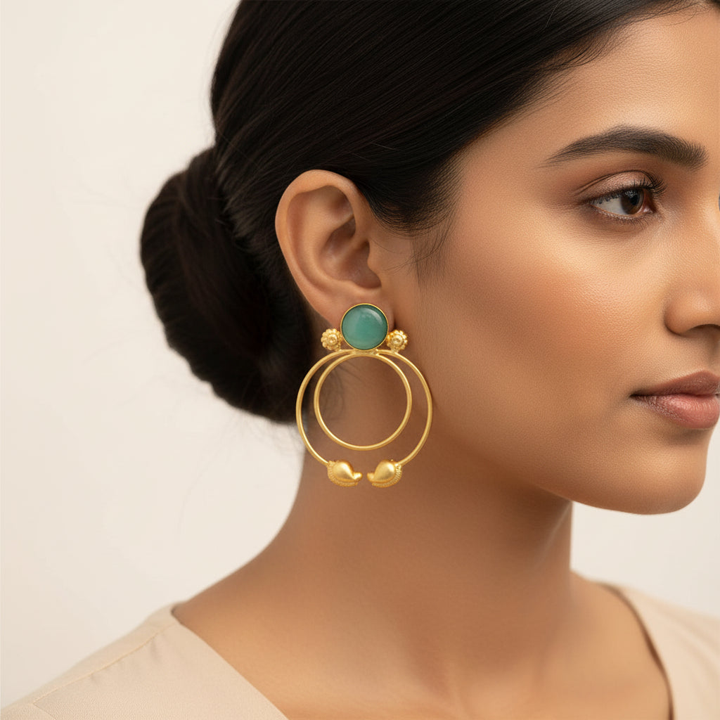 Devika- Stone Studded Golden Framed Earrings(Mint)