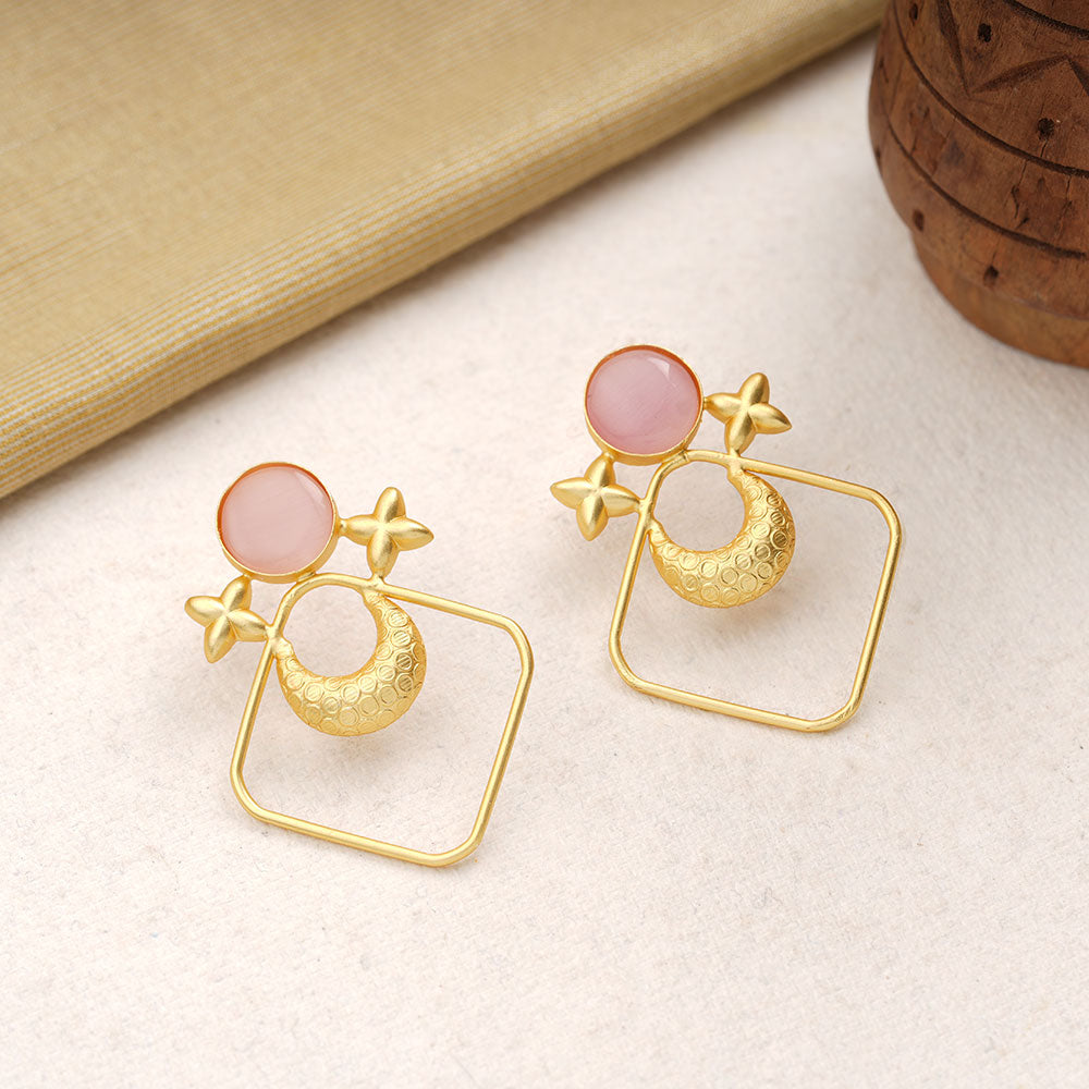 Urvashi- Stone Studded Golden Framed Earrings(Pink)
