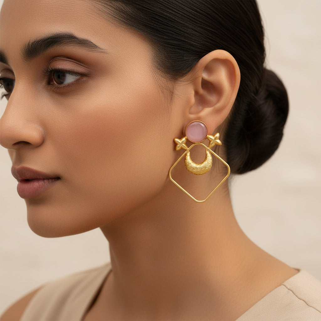 Urvashi- Stone Studded Golden Framed Earrings(Pink)