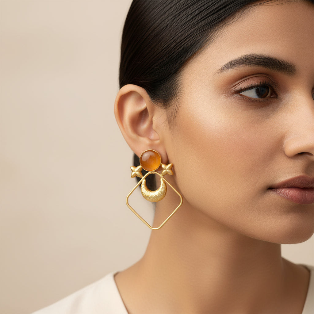 Urvashi- Stone Studded Golden Framed Earrings (Yellow)