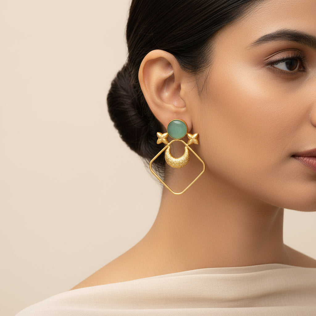 Urvashi- Stone Studded Golden Framed Earrings(Mint)