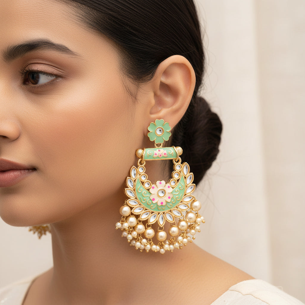 Sohini- Stone Studded Hanging Pearl Dangler Earrings(Green)