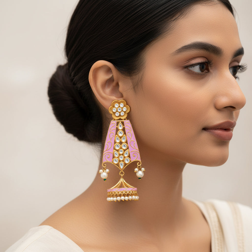 Nirvi- Stone studded dangler earrings(Baby Pink)