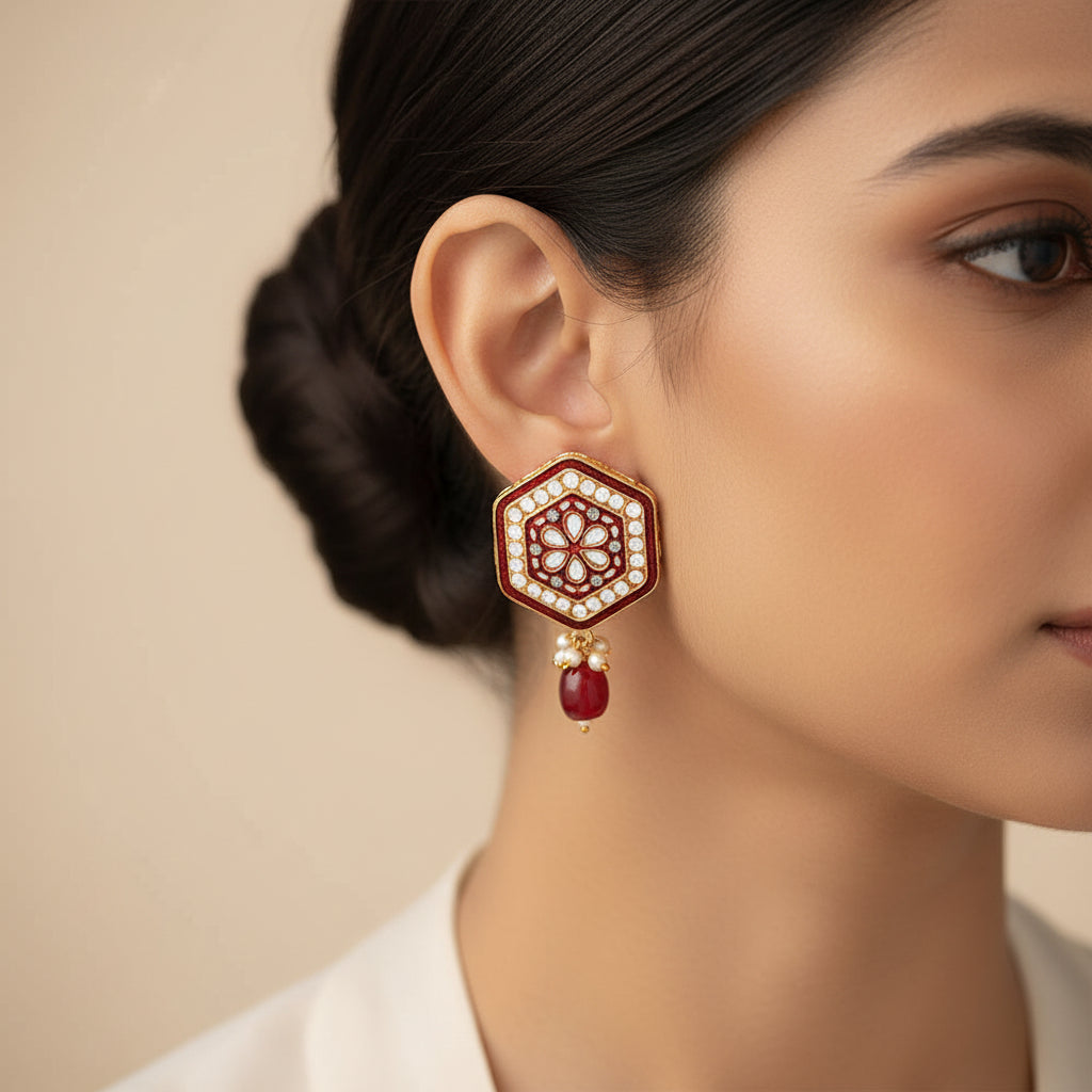 Raelle- Stone studded hanging Bead stud earrings(Red)