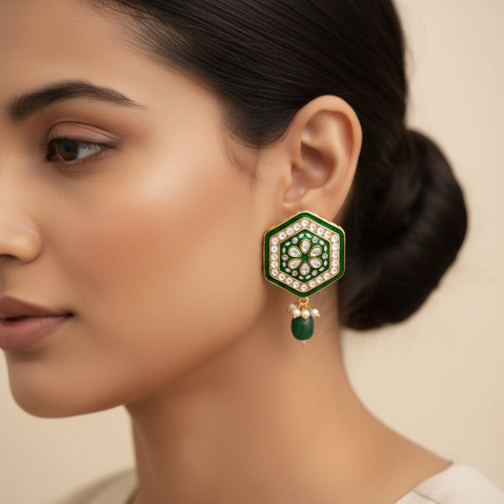 Raelle- Stone studded hanging Bead stud earrings(Green)