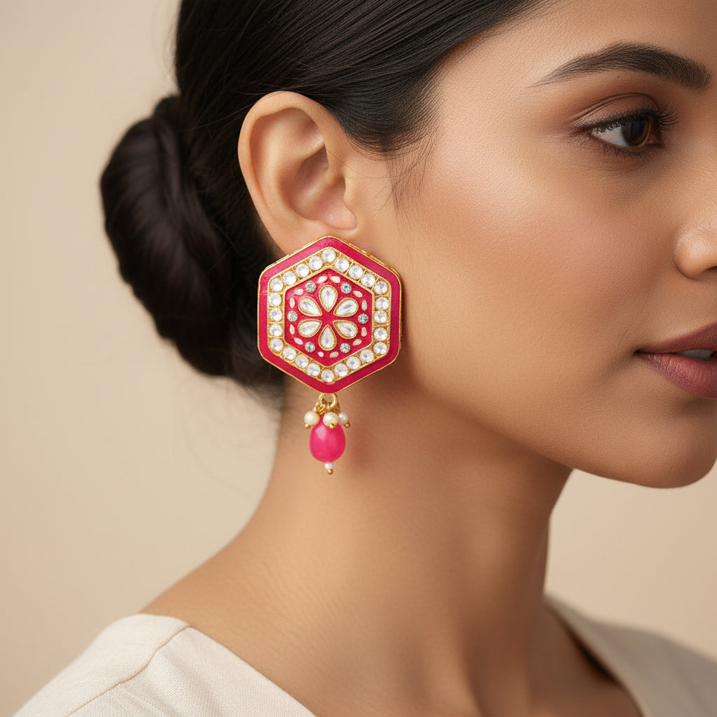Raelle- Stone studded hanging Bead stud earrings(Pink)
