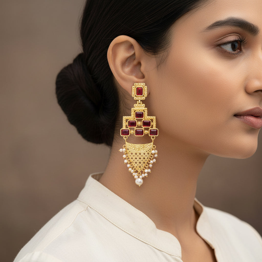 Arvya- Stone studded hanging pearls dangler earrings(Red)