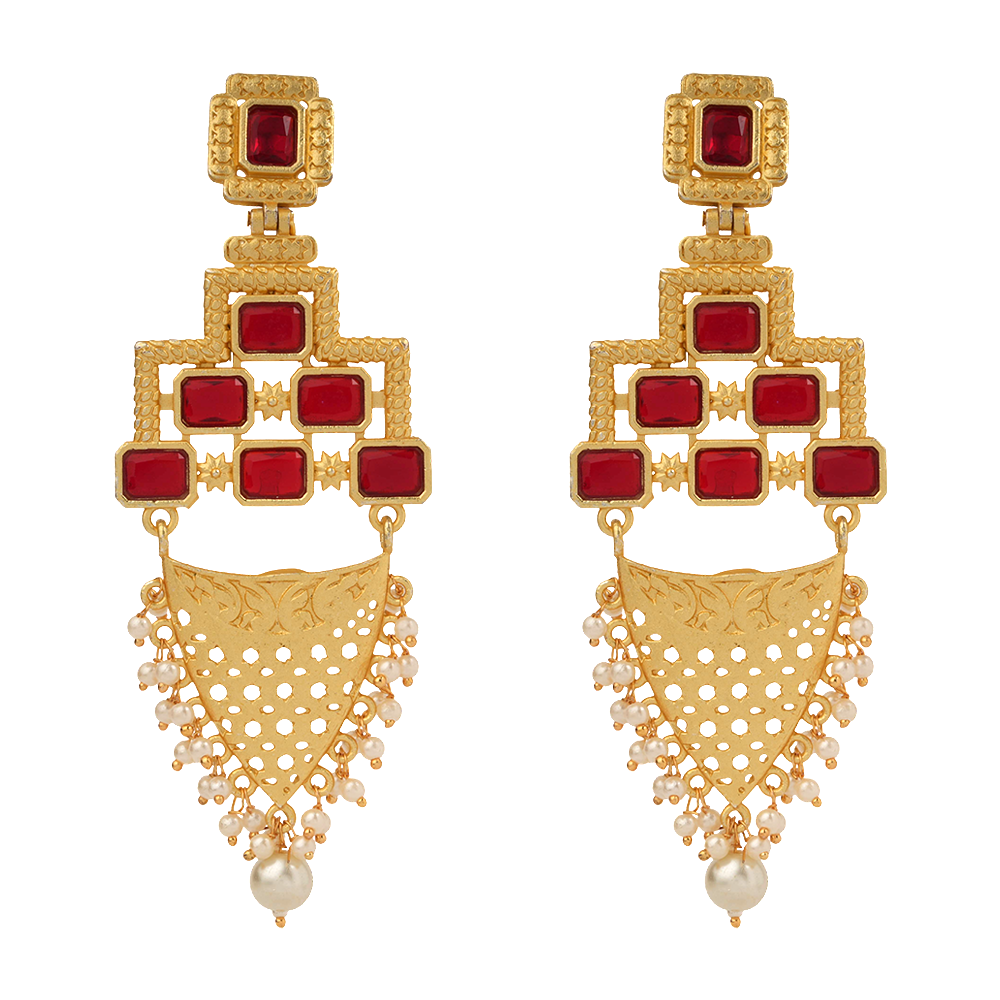 Arvya- Stone studded hanging pearls dangler earrings(Red)