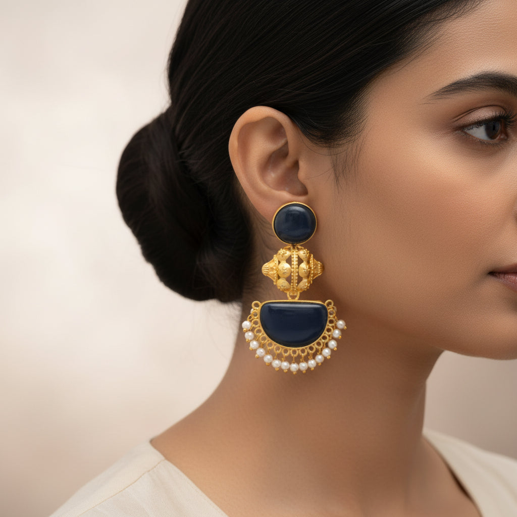 Reyah- Stone studded dangler earrings(Blue)