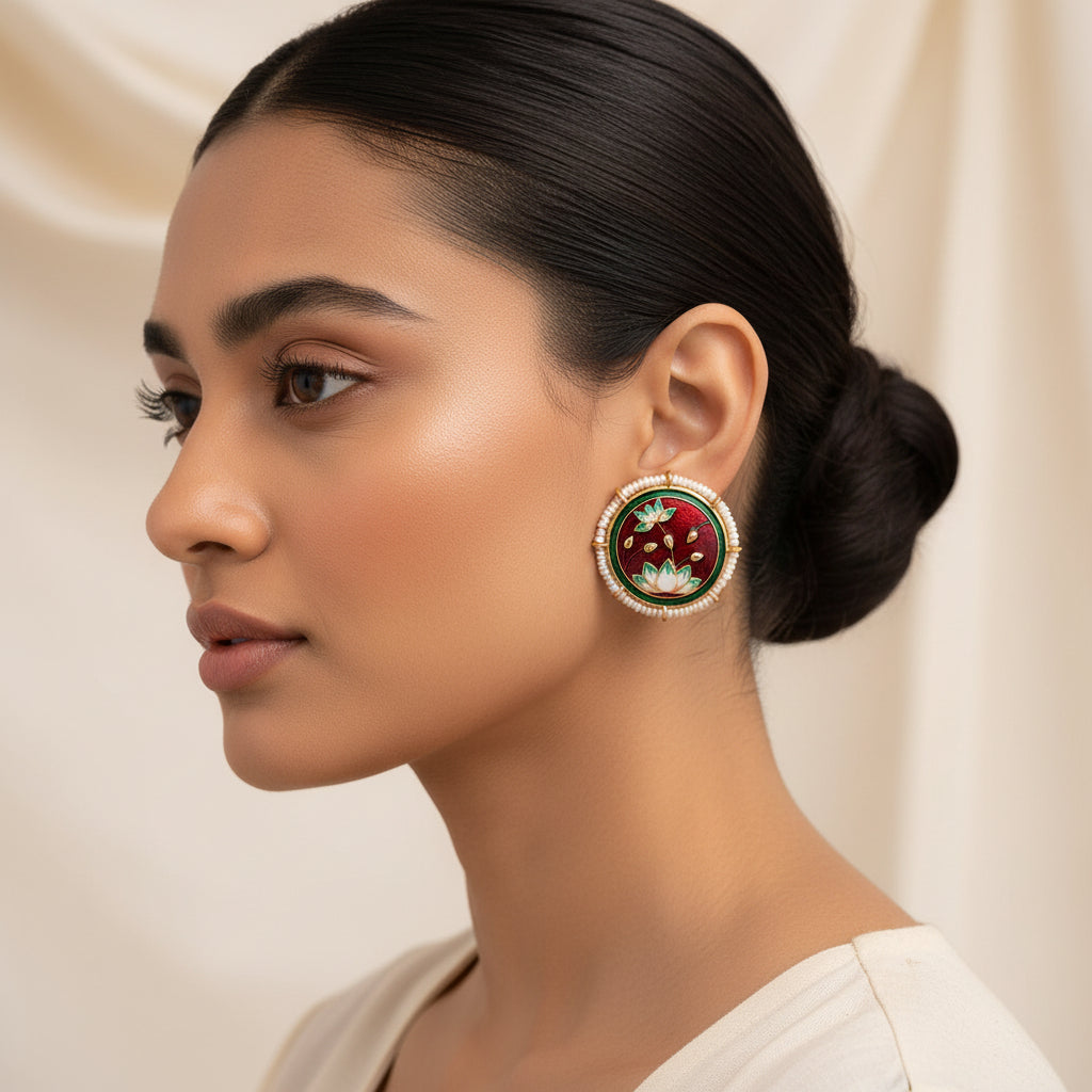 Liorna- Pearl framed stud earrings (Red)