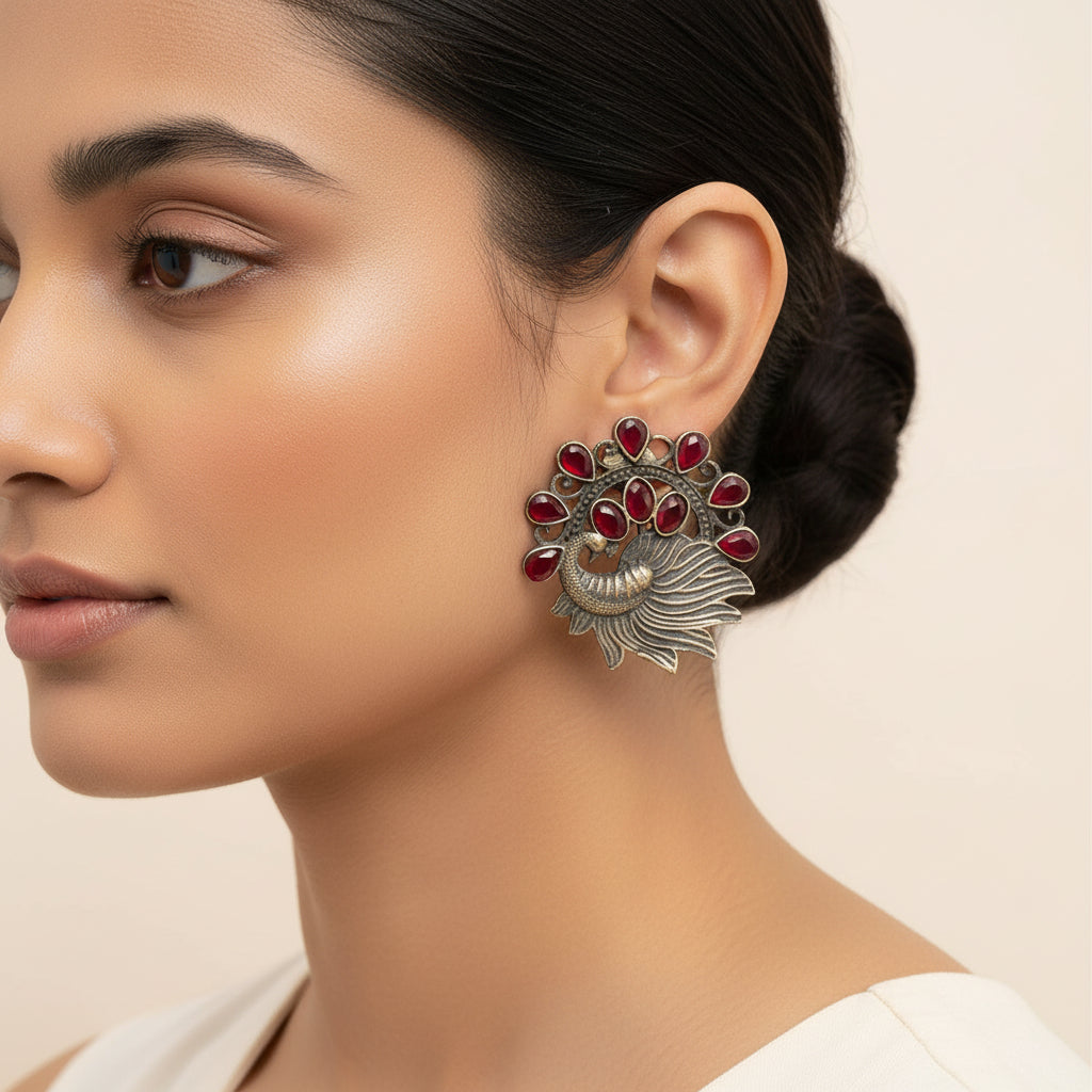 Pankhi- Silver Brass Stone-Studded Stud Earrings(Red)