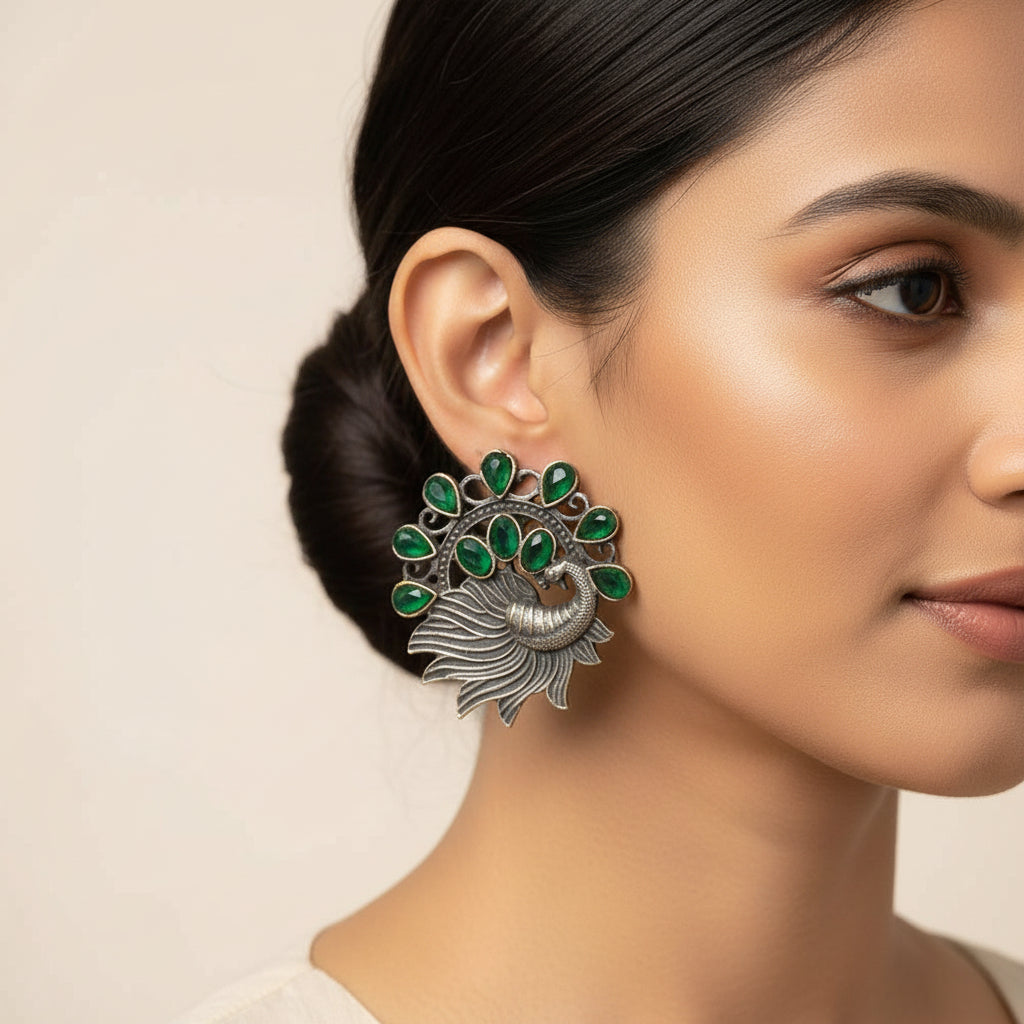 Pankhi- Silver Brass Stone-Studded Stud Earrings(Green)