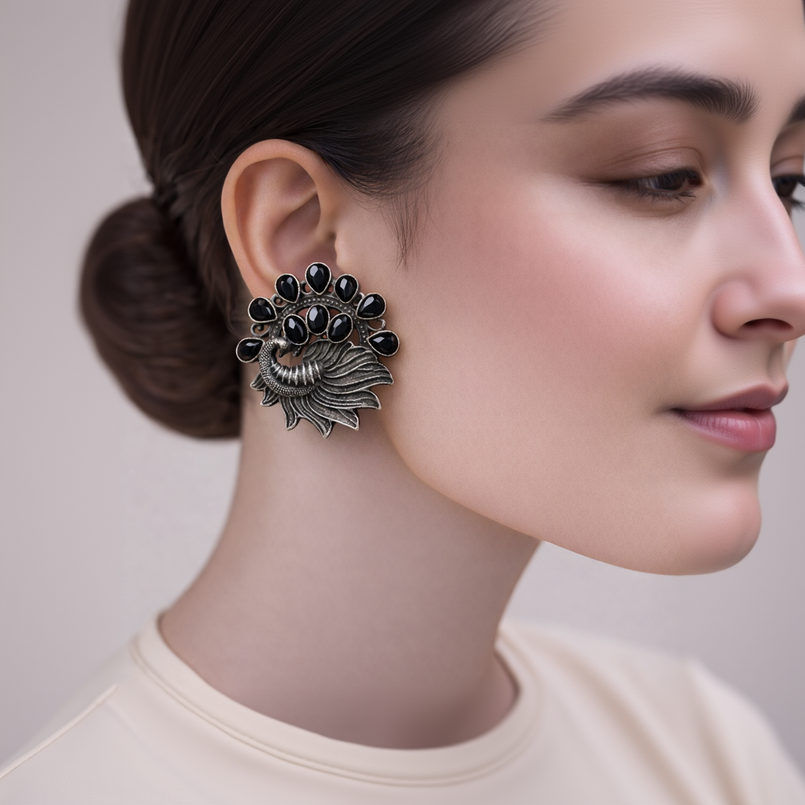 Pankhi- Silver Brass Stone-Studded Stud Earrings(Black)