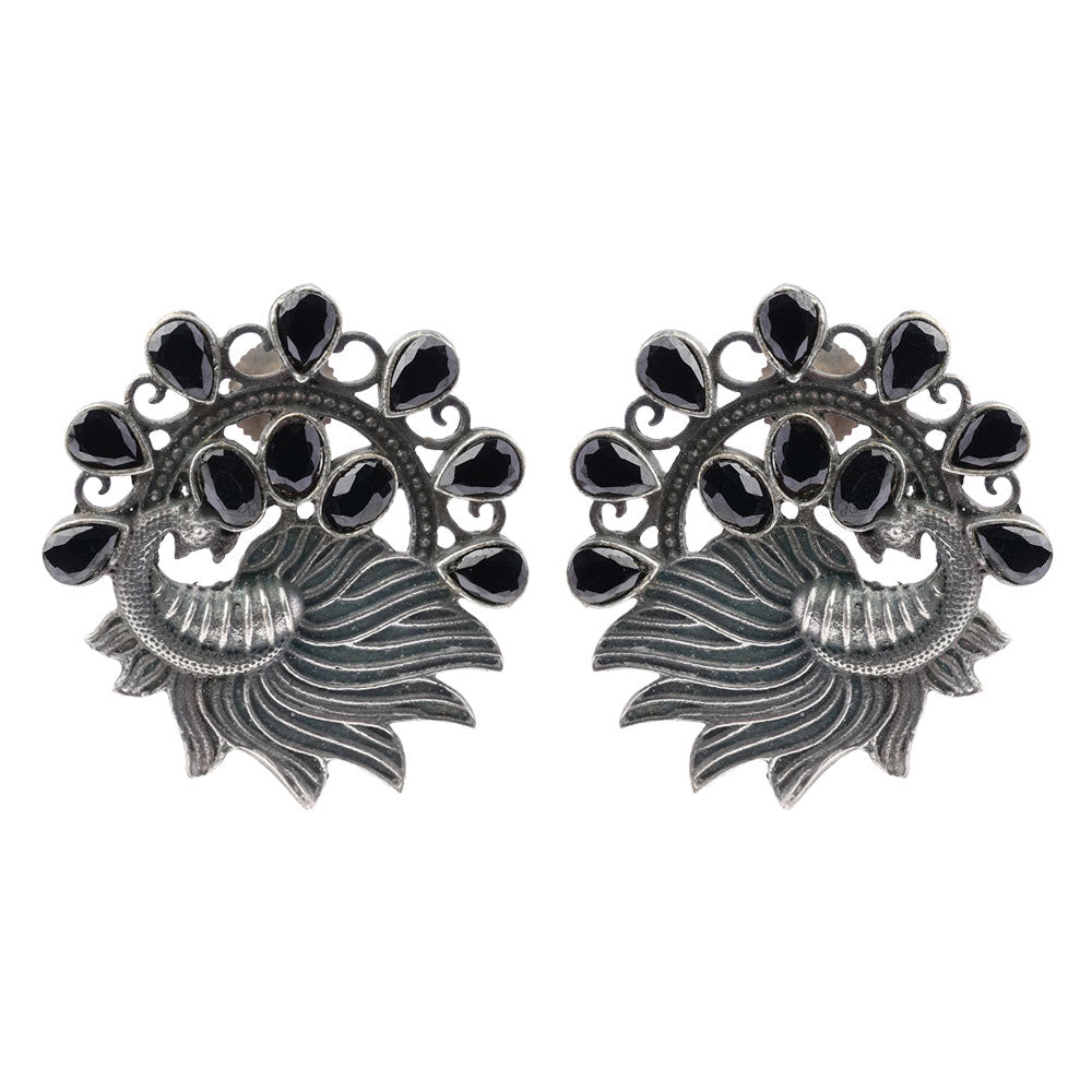 Pankhi- Silver Brass Stone-Studded Stud Earrings(Black)