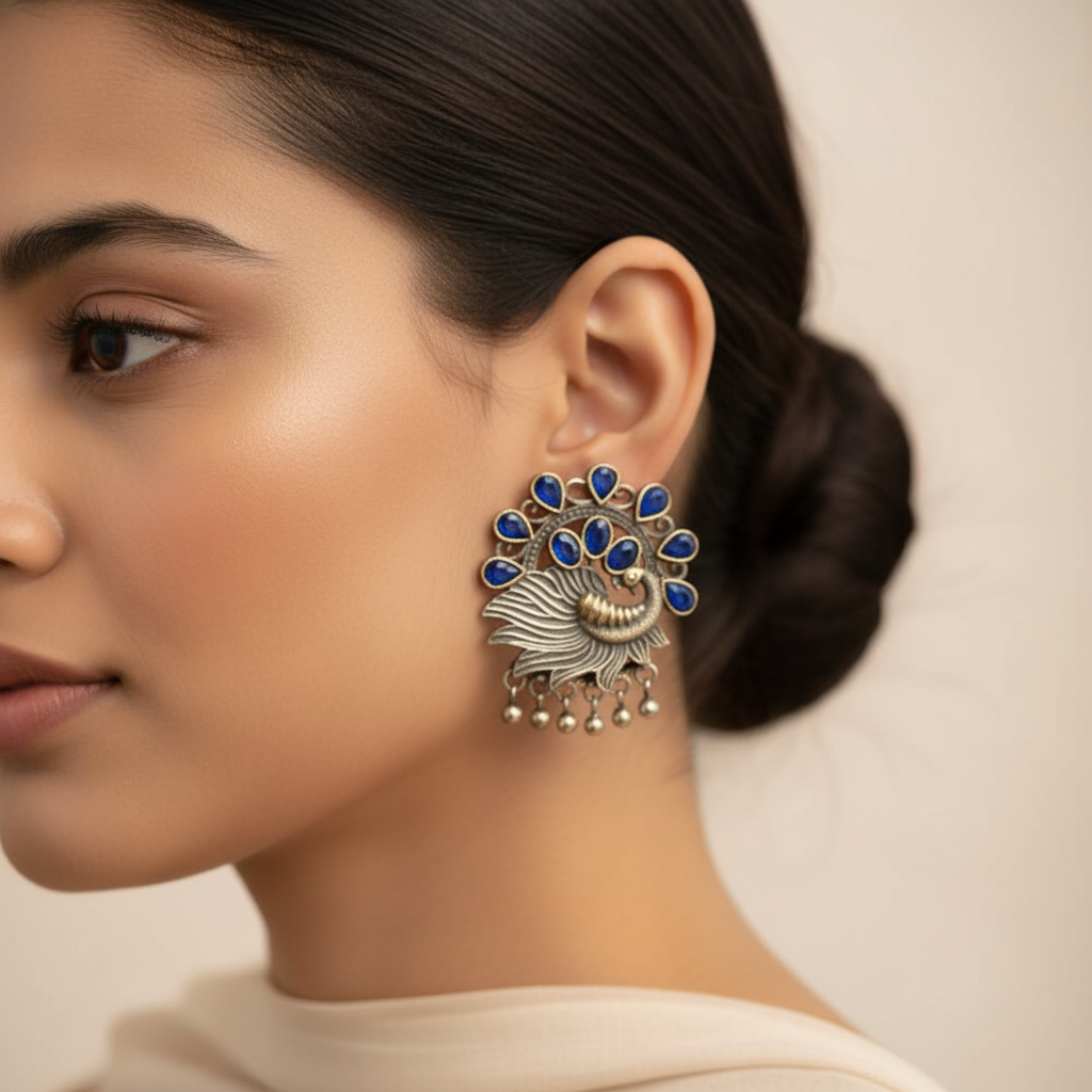 Pankhi- Silver Brass Stone-Studded Stud Earrings(Blue)