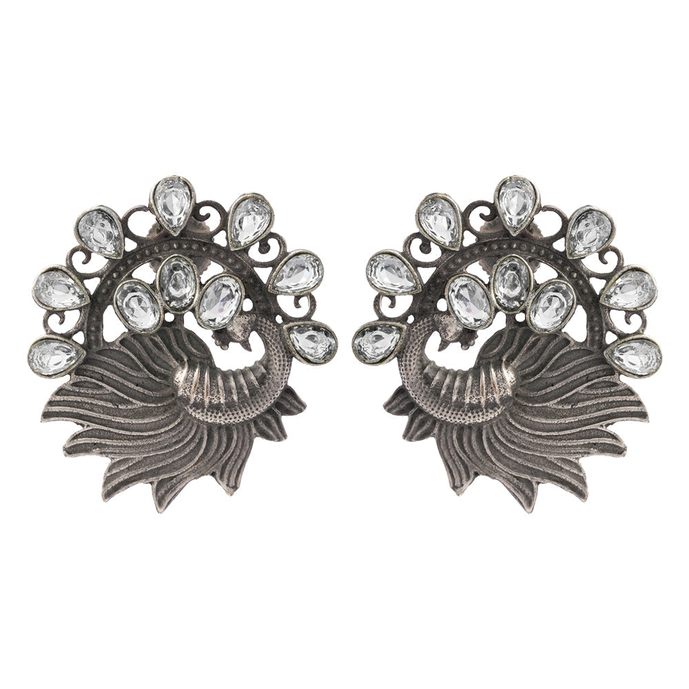 Pankhi- Silver Brass Stone-Studded Stud Earrings(White)