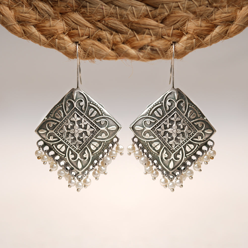 Vajra- Silver Brass Pearl Dangler Earrings