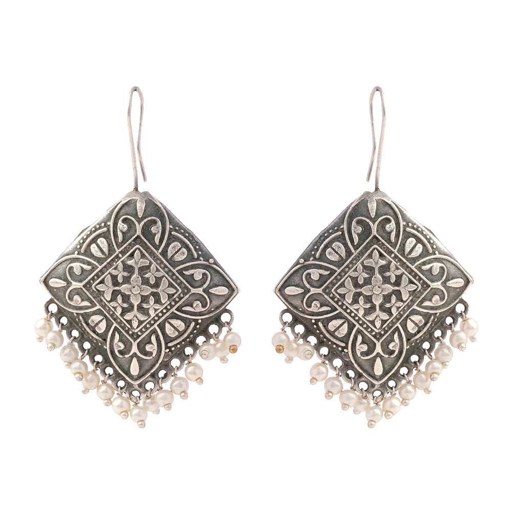 Vajra- Silver Brass Pearl Dangler Earrings