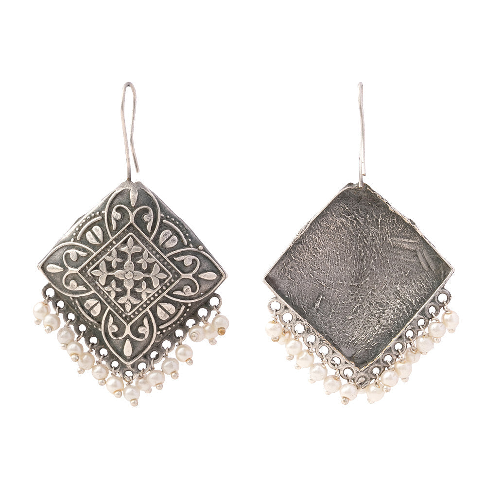 Vajra- Silver Brass Pearl Dangler Earrings