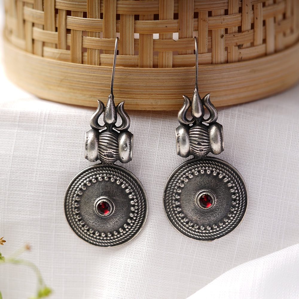 Trishool- Silver Brass Oxidised dangler earrings(Red)