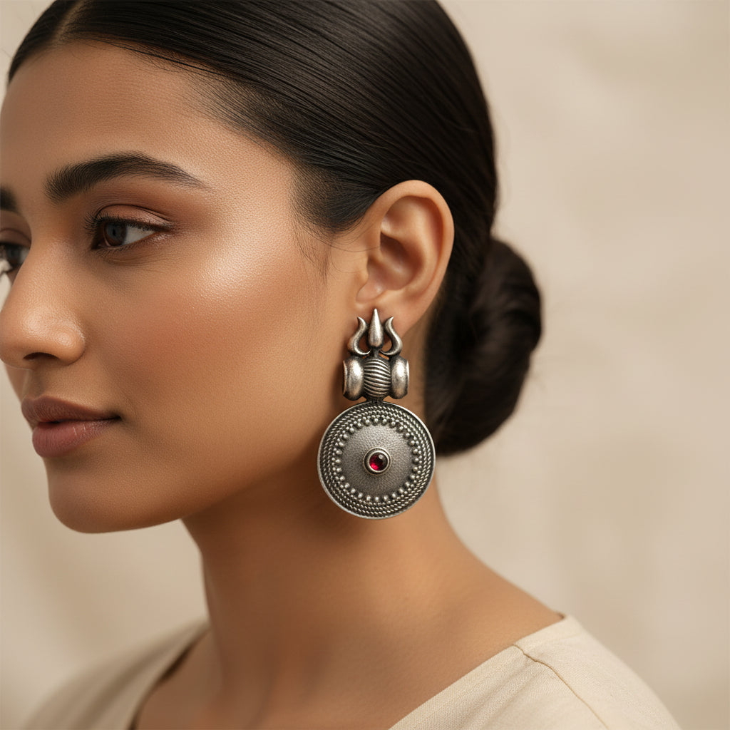 Trishool- Silver Brass Oxidised dangler earrings(Red)