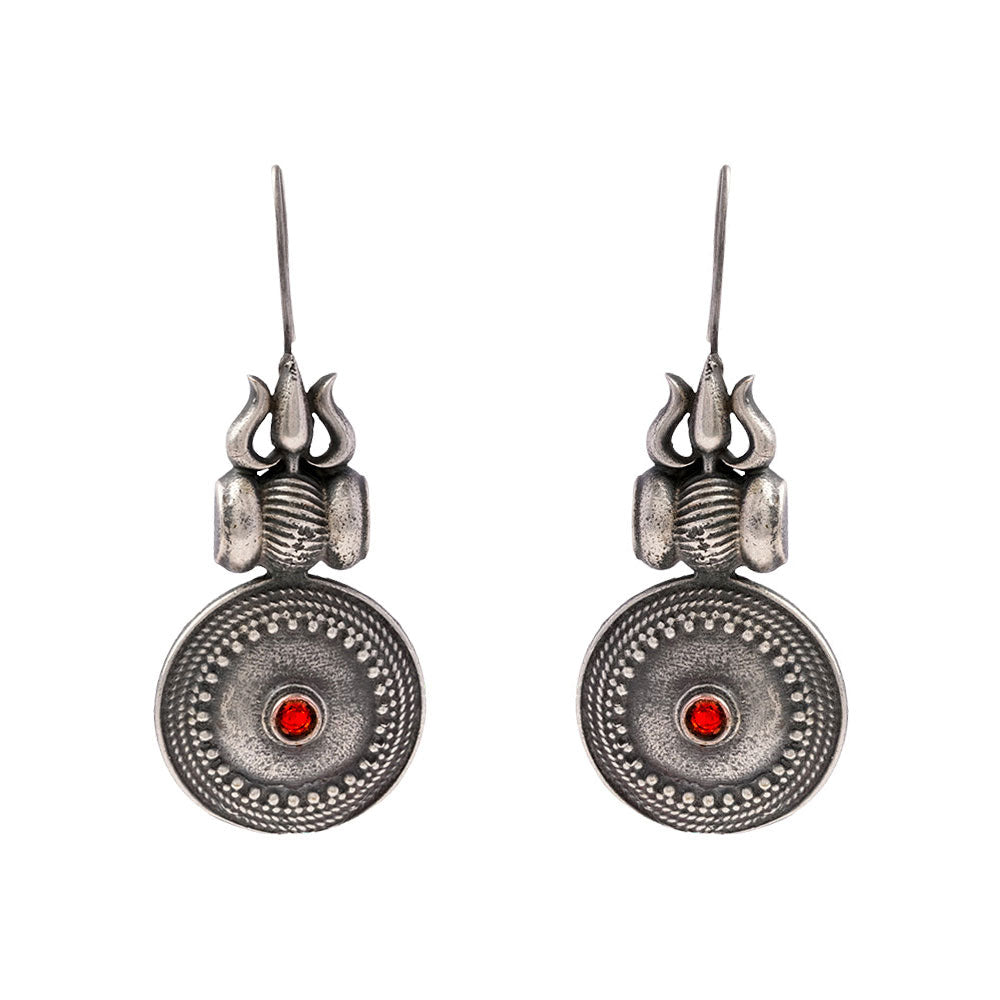 Trishool- Silver Brass Oxidised dangler earrings(Red)