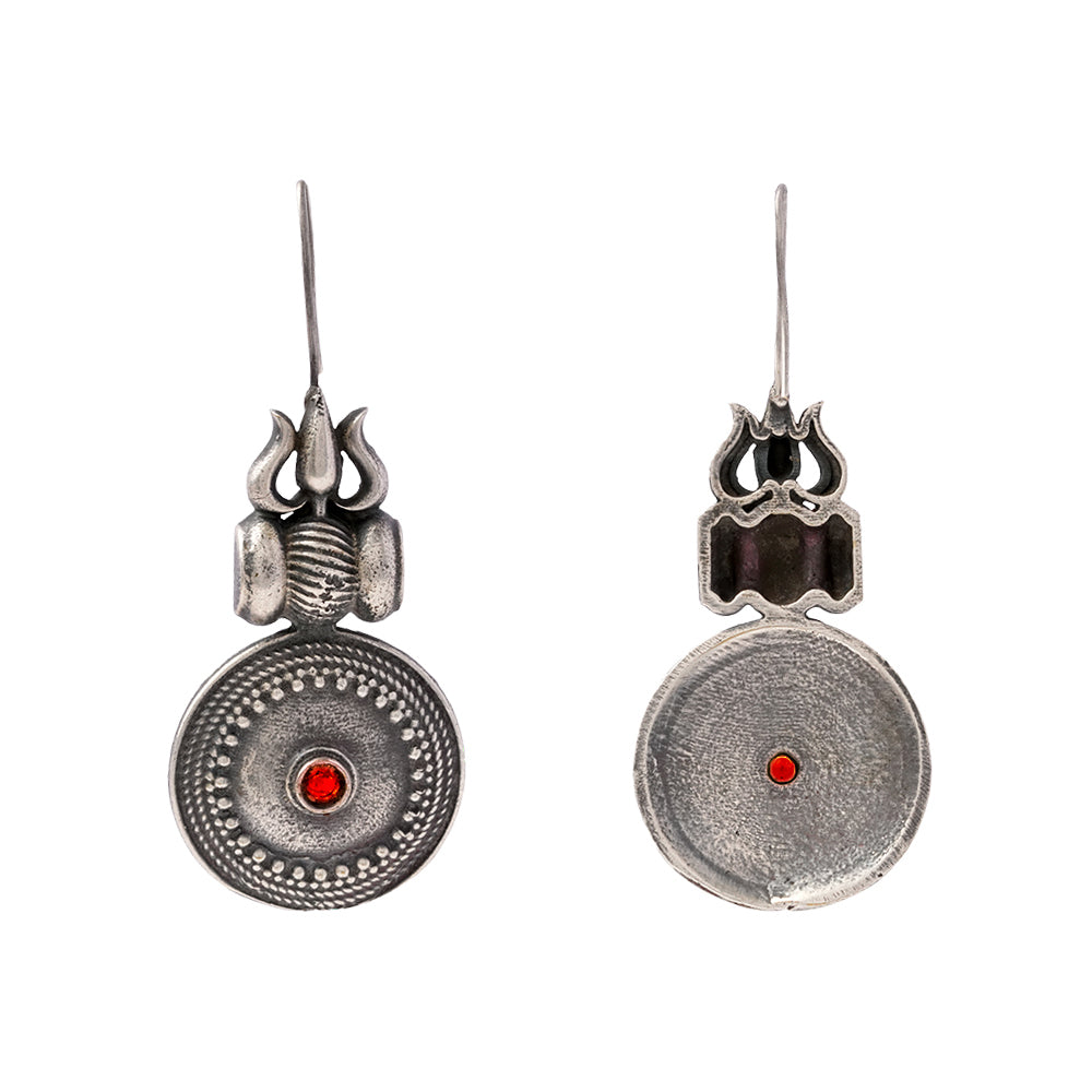 Trishool- Silver Brass Oxidised dangler earrings(Red)