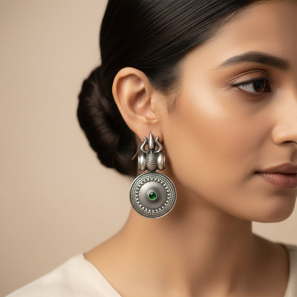 Trishool- Silver Brass Oxidised dangler earrings(Green)