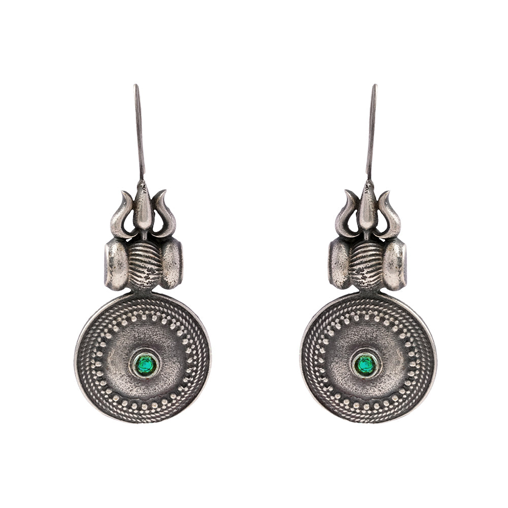 Trishool- Silver Brass Oxidised dangler earrings(Green)