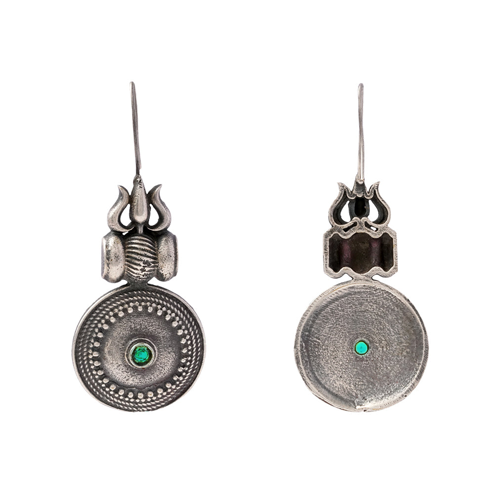 Trishool- Silver Brass Oxidised dangler earrings(Green)