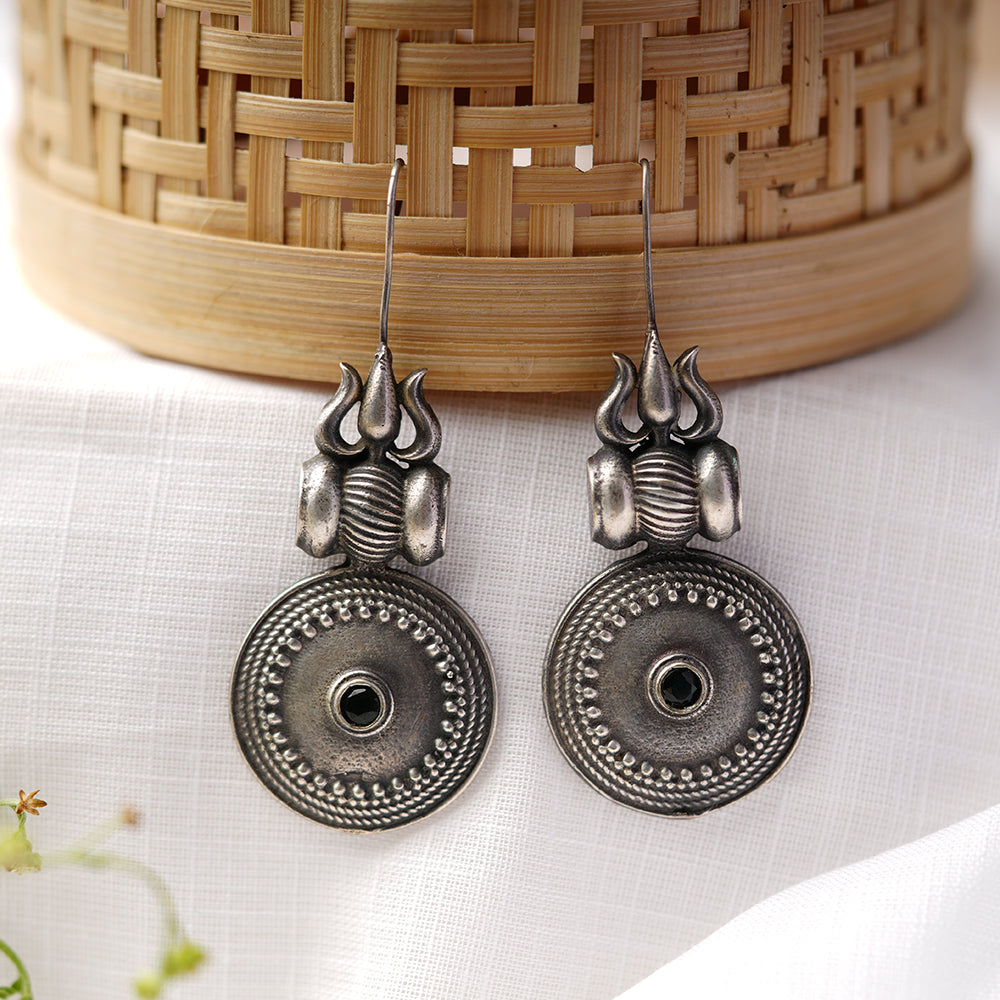 Trishool- Silver Brass Oxidised dangler earrings(Blue)