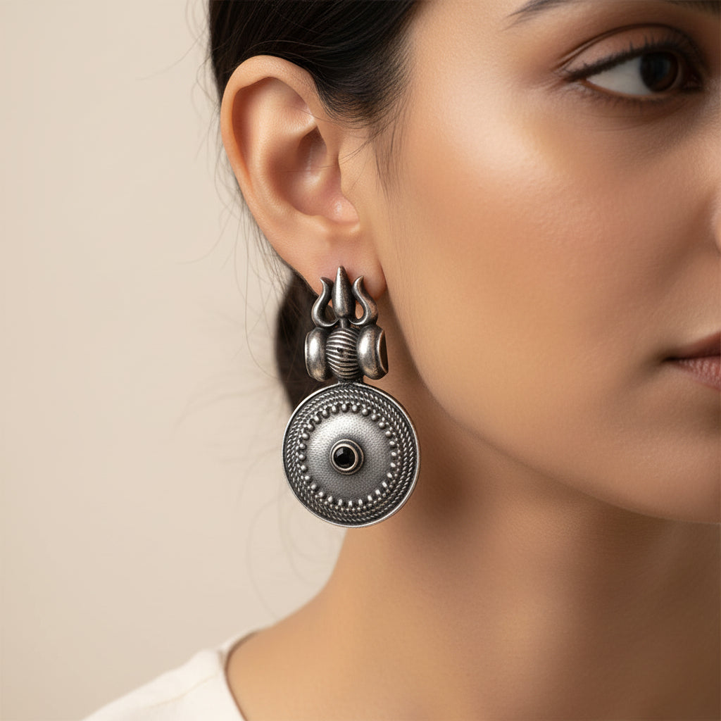 Trishool- Silver Brass Oxidised dangler earrings(Black)