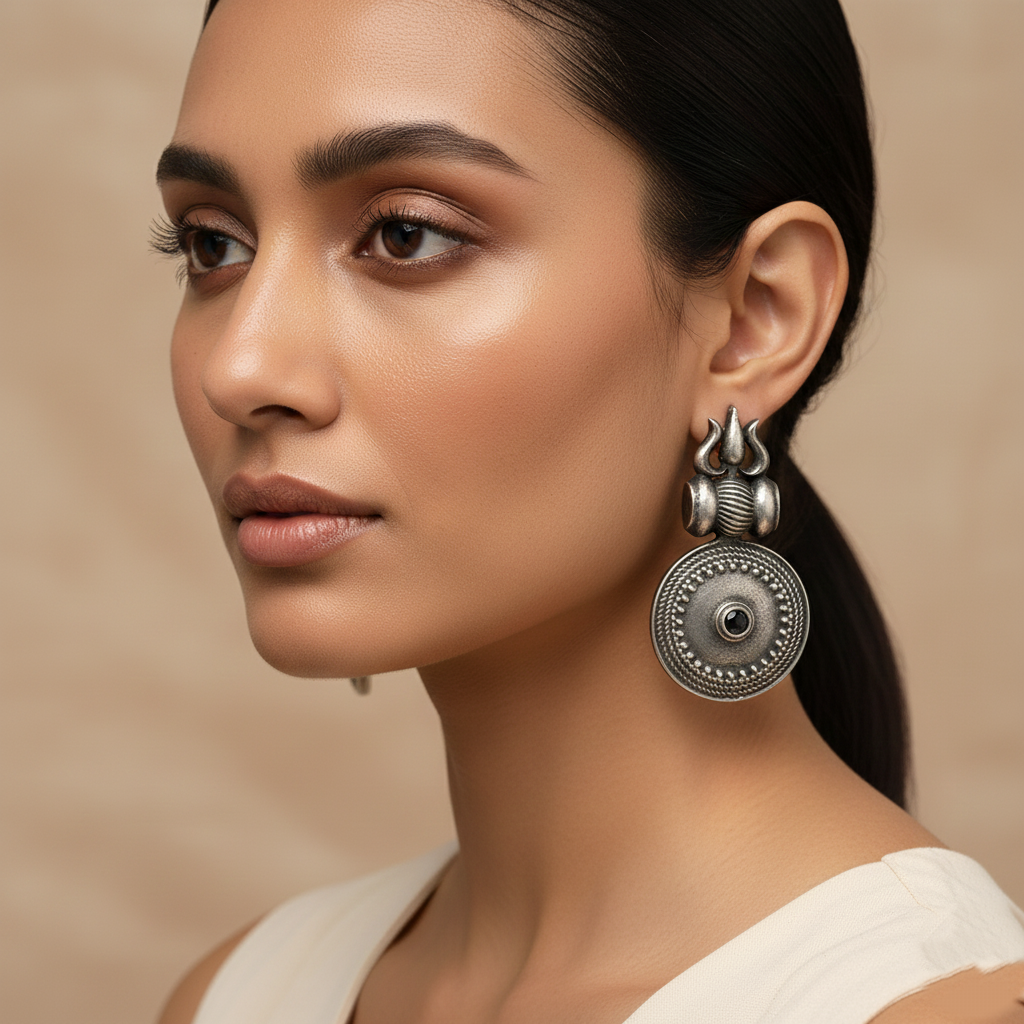 Trishool- Silver Brass Oxidised dangler earrings(Blue)
