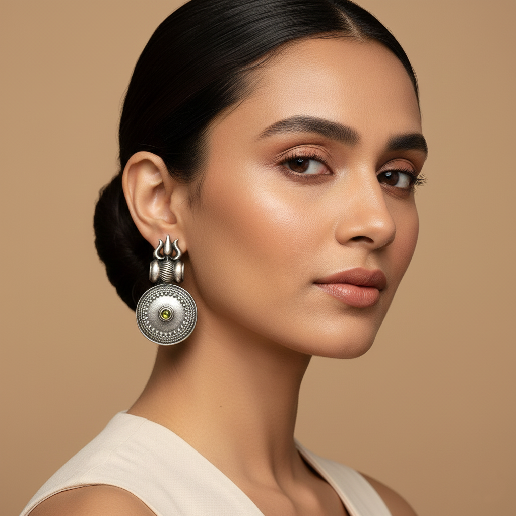 Trishool- Silver Brass Oxidised dangler earrings(White)