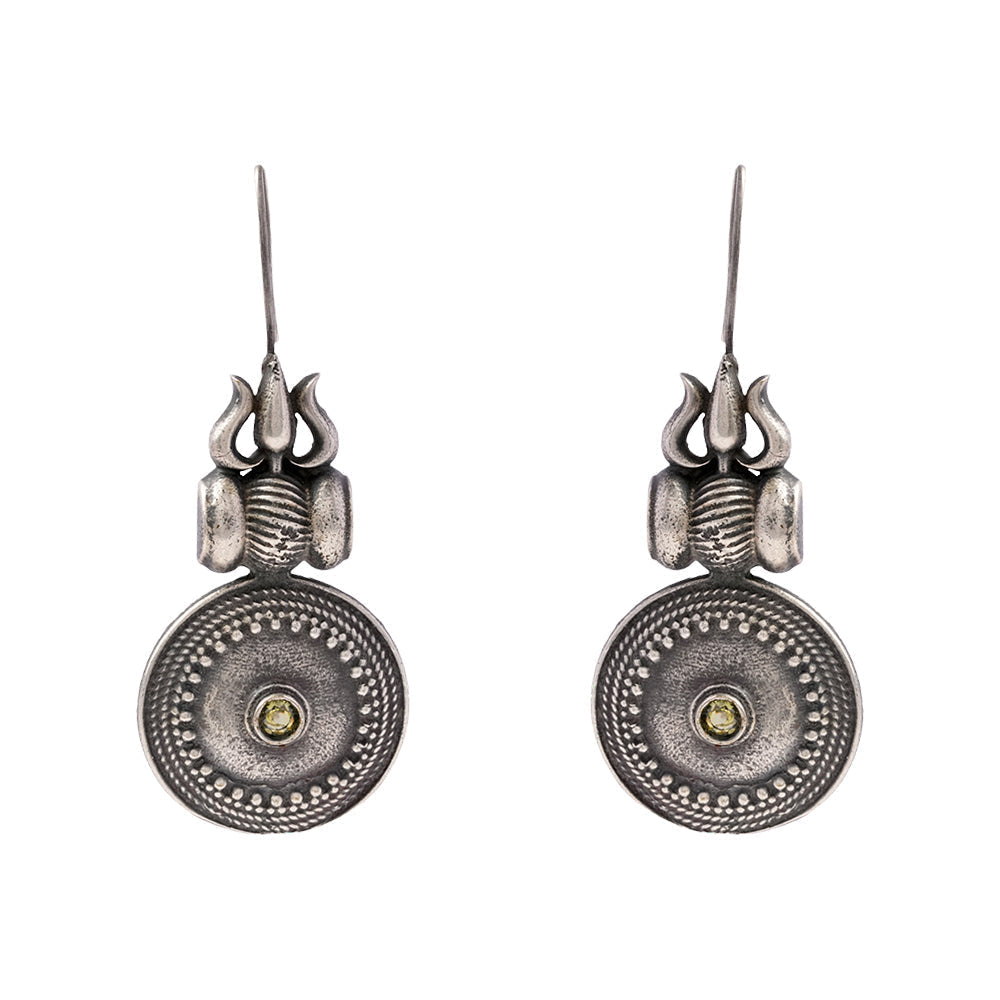 Trishool- Silver Brass Oxidised dangler earrings(White)