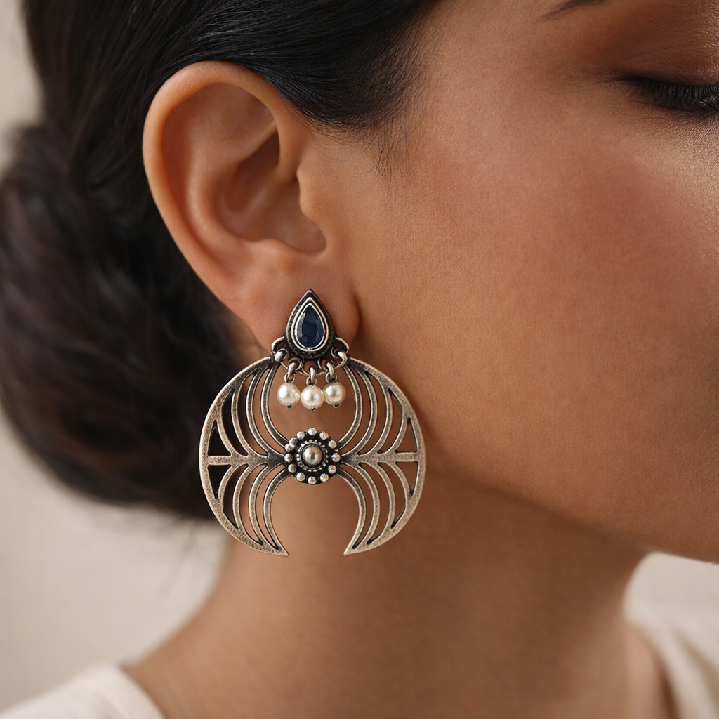 Rekha- Silver Brass Oxidised Dangler earrings