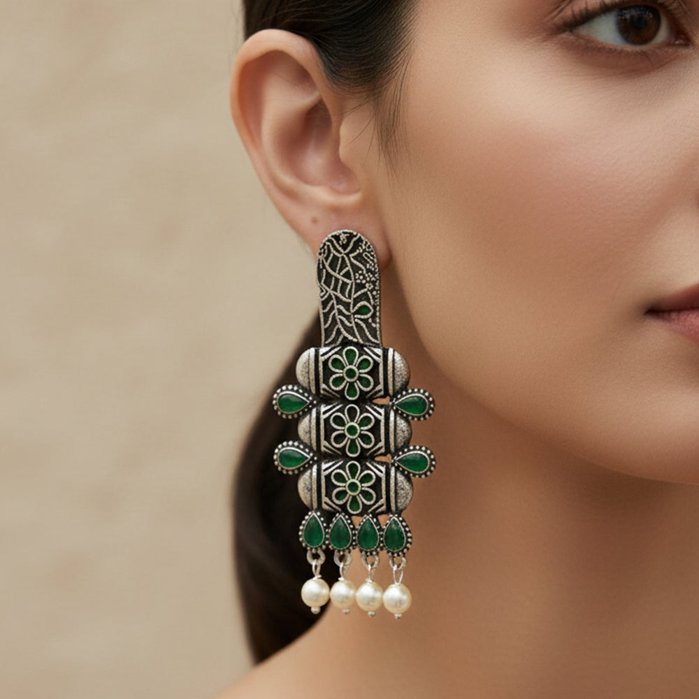 ManiStambh – Silver Brass Oxidised Dangler Earrings (Green)