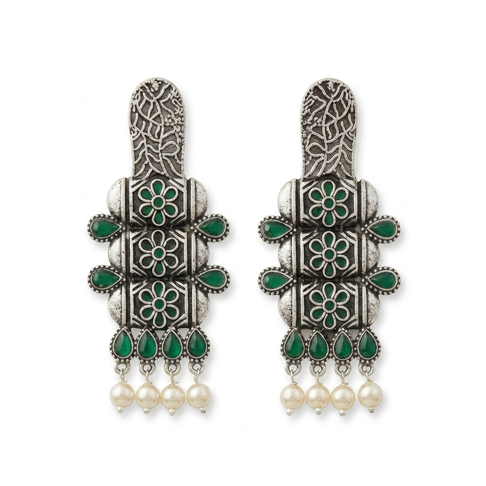 ManiStambh – Silver Brass Oxidised Dangler Earrings (Green)